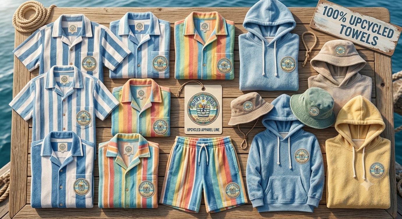 Upcycled towel apparel laid out on dock boards: striped camp shirts, hoodies, bucket hats and shorts with Burt&rsquo;s Bags patches beside a sign reading 100% upcycled towels