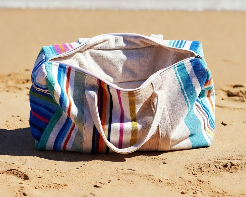 Boldly striped towel duffel with a rescued zipper and rope handles, sitting on the sand by the surf