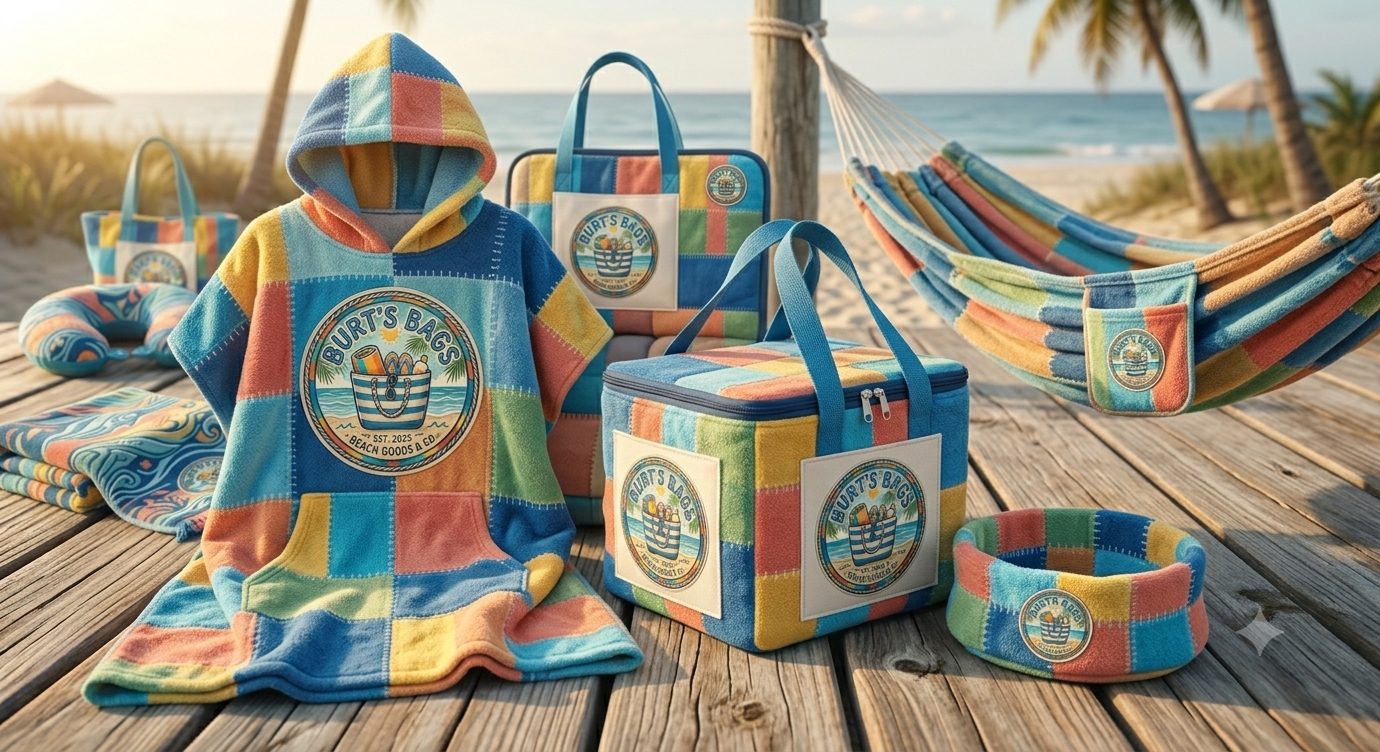 Patchwork towel beach goods on a boardwalk: a kids&rsquo; hooded poncho, cooler bag, towel hammock and a pet bowl, all with Burt&rsquo;s Bags patches