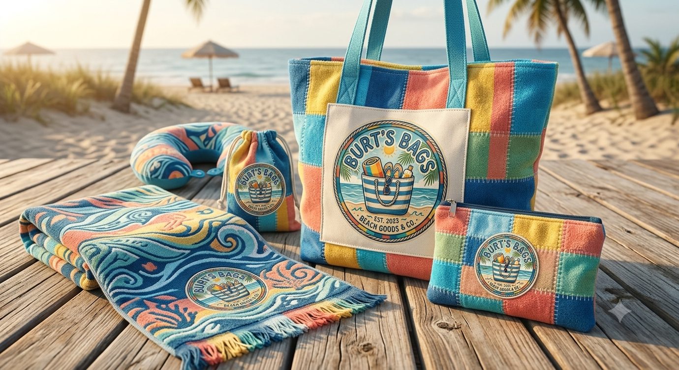 Patchwork towel tote, zip pouch, drawstring bag, neck pillow and patterned towel arranged on a boardwalk