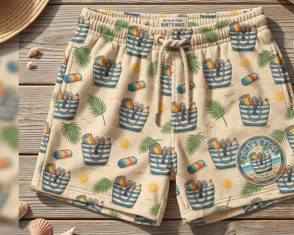 Cream terry beach shorts with an all-over Burt's Bags tote print, laid on dock boards with a straw hat and shells