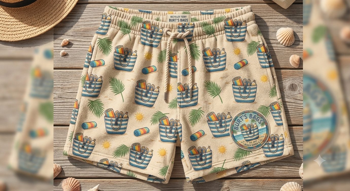 Cream terry beach shorts with an all-over print of the Burt&rsquo;s Bags tote motif, laid on dock boards