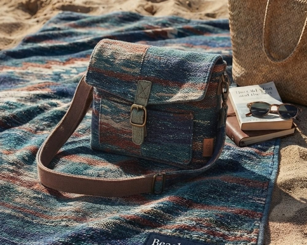 Woven crossbody bag in muted blue and rust tones with a buckle flap and canvas strap, on a beach blanket beside books and a straw tote