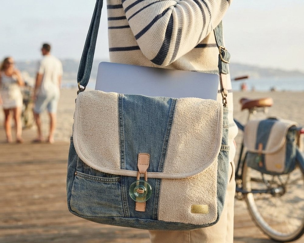 Denim and terry messenger bag worn crossbody with a laptop tucked in the flap and a button-jar closure, a bicycle on the boardwalk behind