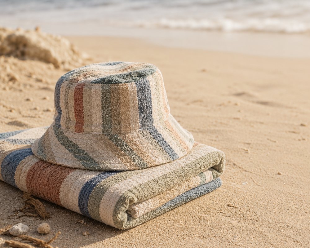 Striped terry bucket hat resting on a folded matching towel on the sand by the surf