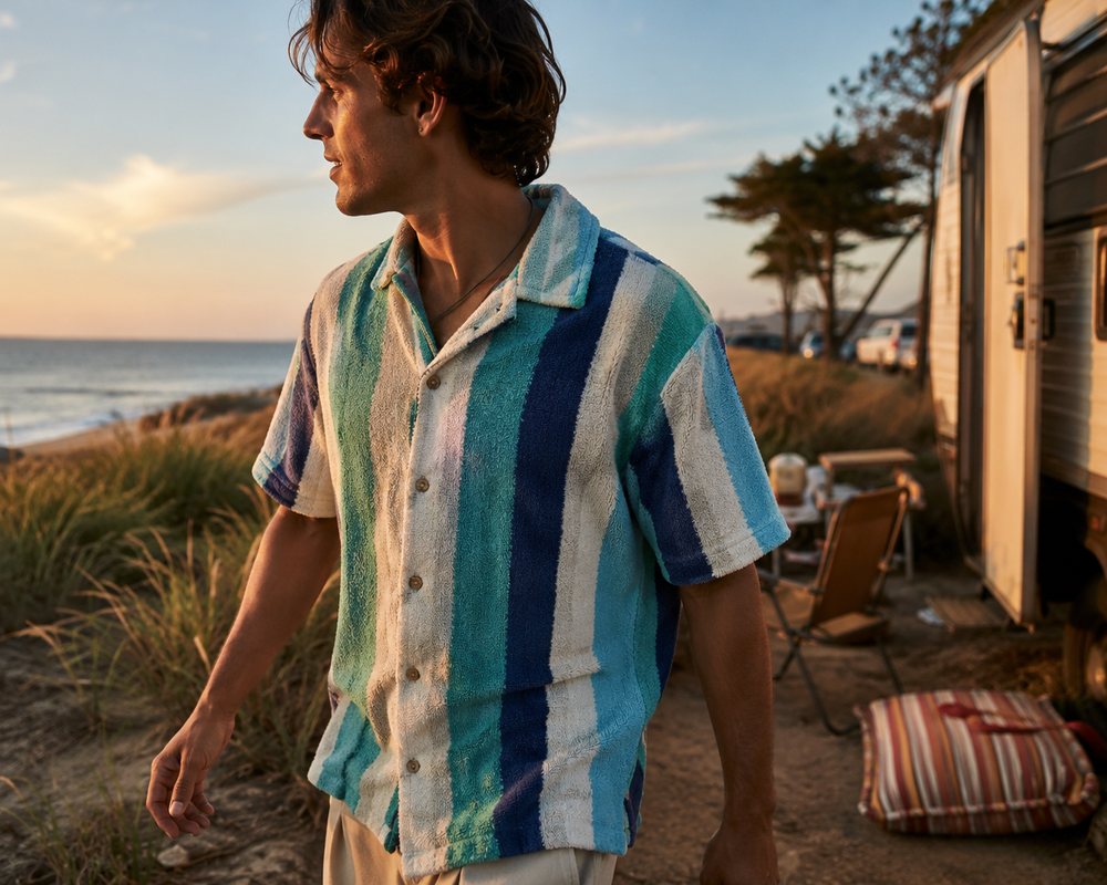 Model wearing a striped towel camp shirt on a beach dune at sunset