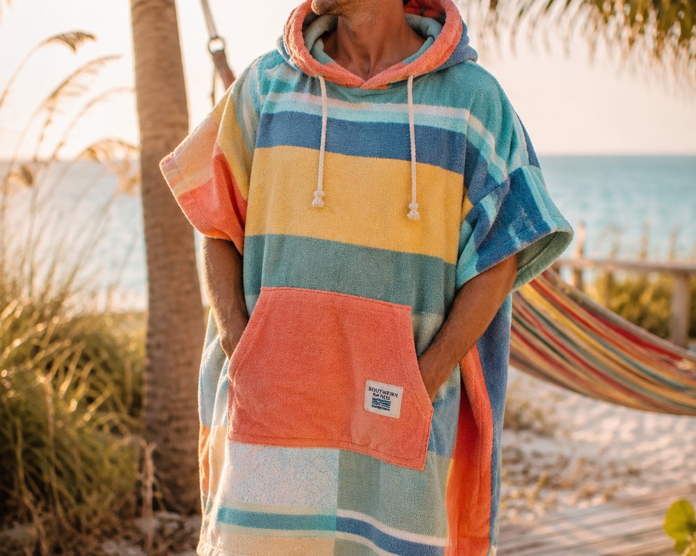 Model wearing a hooded striped towel changing poncho on the boardwalk at golden hour