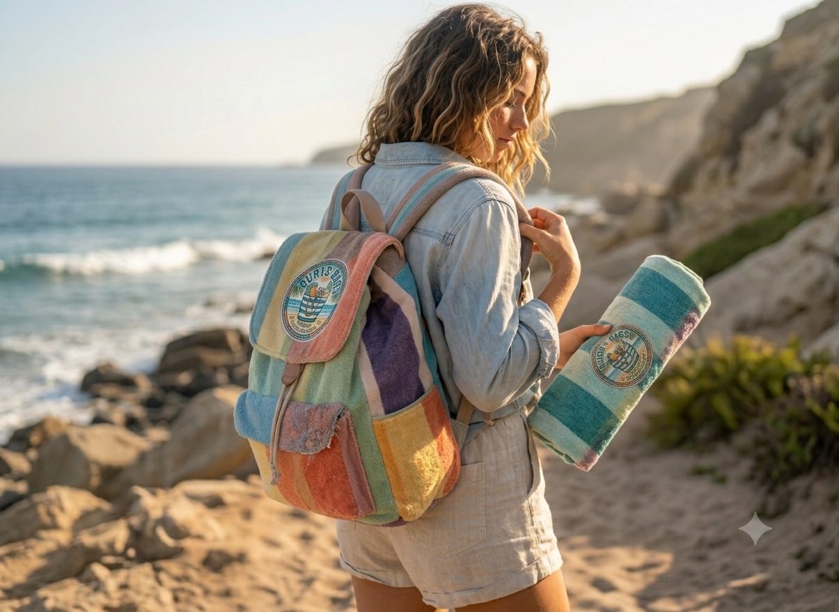 Woman walking a rocky shoreline wearing a striped towel backpack and carrying a rolled towel
