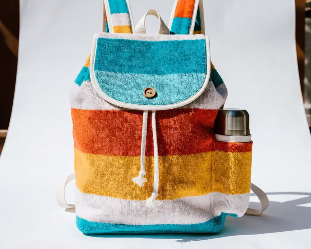 Striped towel drawstring day pack with a button-flap top and a thermos in the side pocket