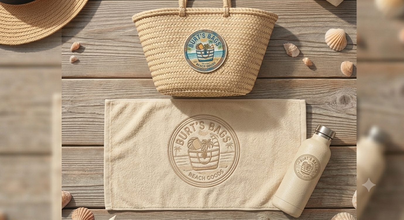 Woven basket tote with a Burt&rsquo;s Bags patch above an embossed logo towel and a logo water bottle