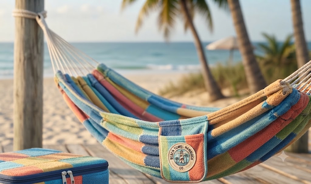 Colourful patchwork towel hammock rope-hung between beach posts with the ocean and palms behind