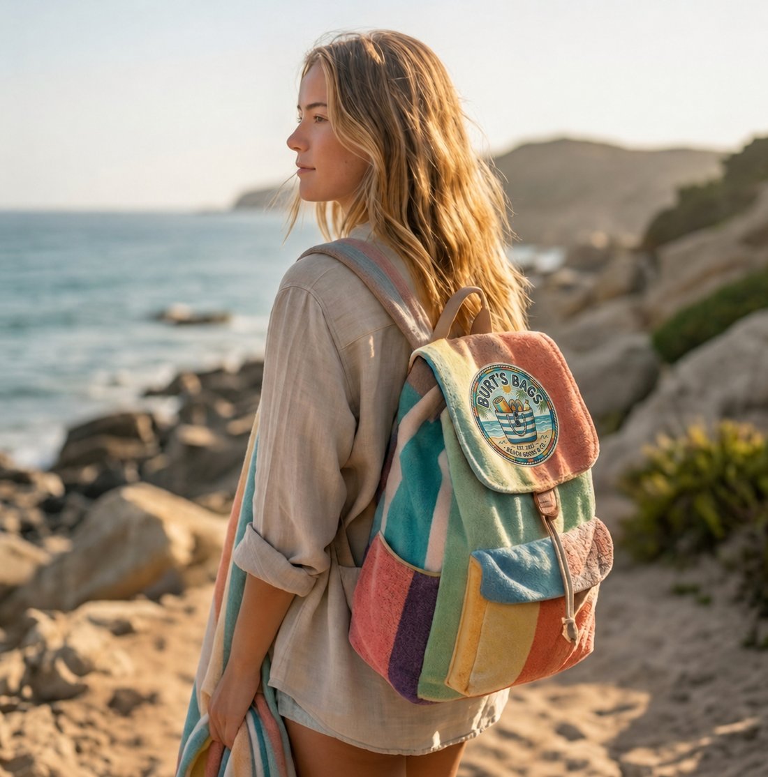 A woman on a rocky stretch of coast at golden hour wearing a backpack sewn from pastel striped beach towels with a Burt&rsquo;s Bags patch