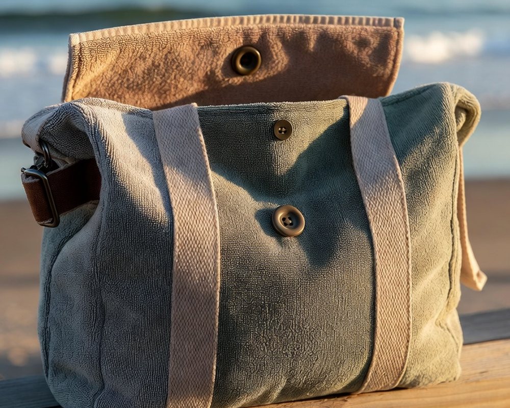 Muted sage terry weekender bag with button details and a canvas strap, on a wooden rail at golden hour