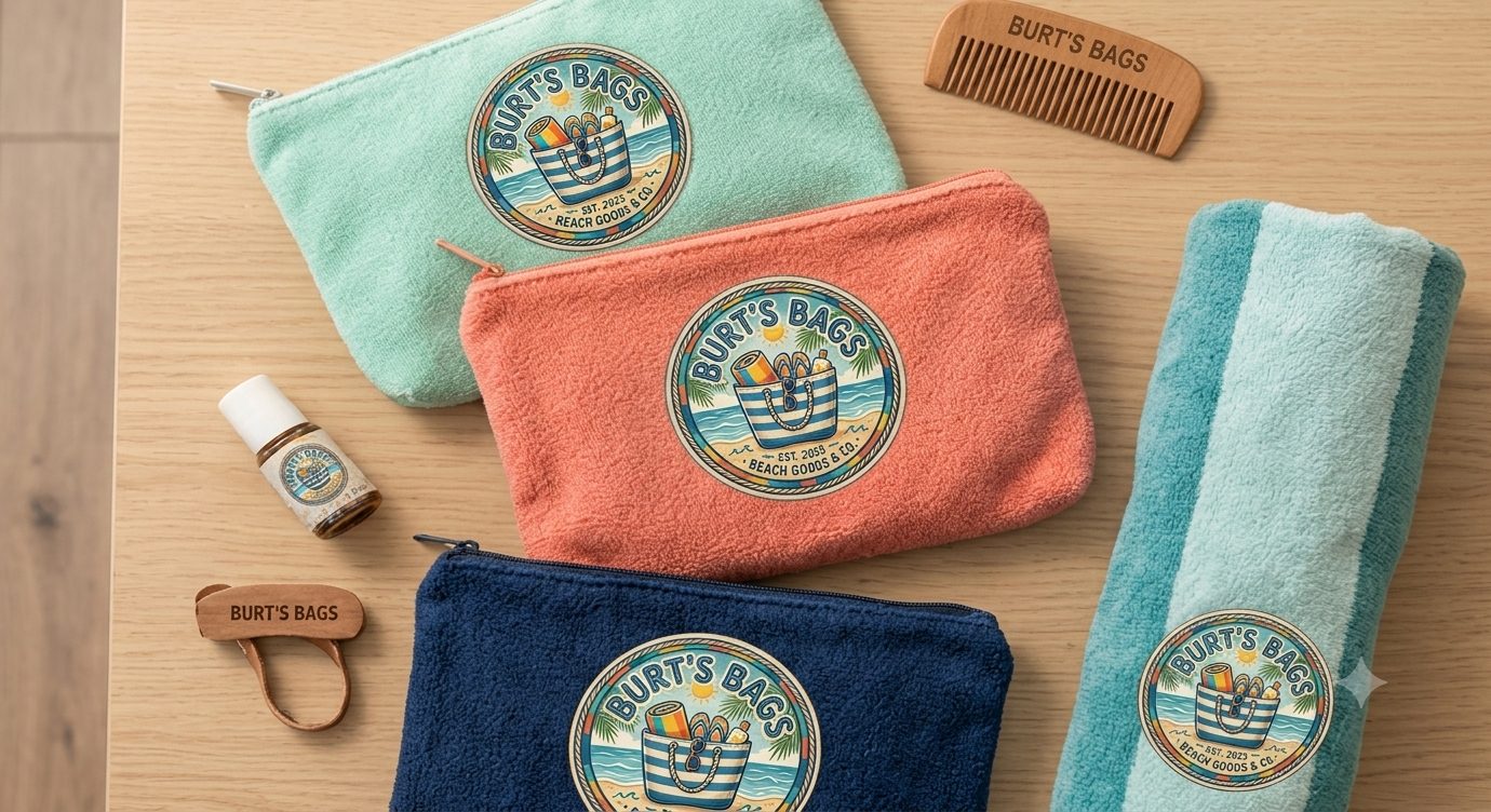 Three towel zip pouches in mint, coral and navy with Burt&rsquo;s Bags patches, beside a wooden comb and a rolled beach towel