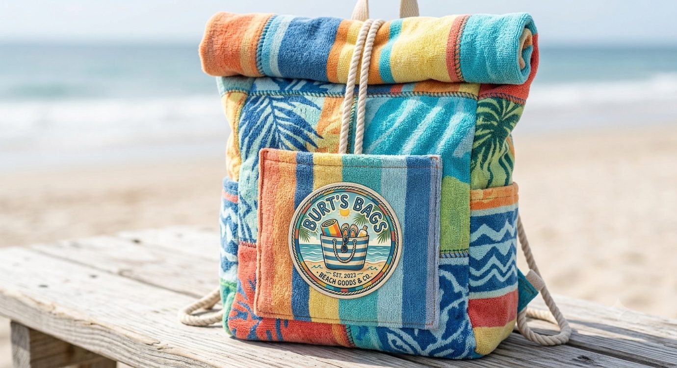 Roll-top backpack sewn from patchwork beach towels with a rope drawstring, on a driftwood bench