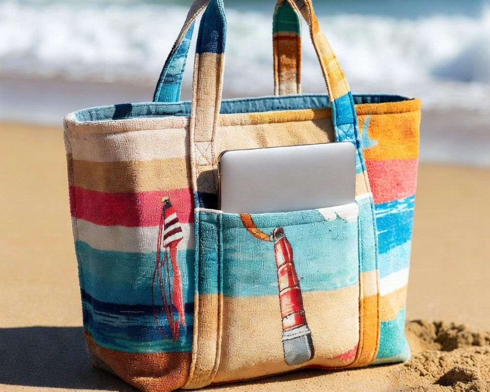 Striped towel tote with a laptop tucked in the front pocket, on the beach with surf behind