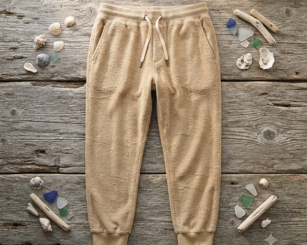 Sand-colored terry joggers with a debossed tote motif and a Burt's Bags patch, laid on dock boards