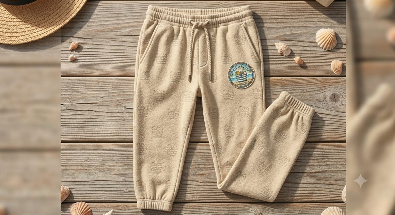 Sand-colored terry joggers with a debossed tote motif and a Burt&rsquo;s Bags patch, laid on dock boards