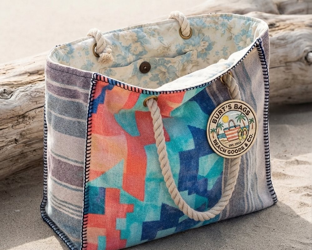 Patchwork beach tote sewn from rescued towels with grey-striped side panels, rope handles and a Burt&rsquo;s Bags patch, resting on driftwood