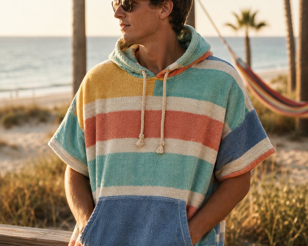 Model wearing a striped terry towel hoodie by a hammock at golden hour