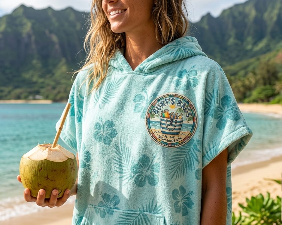 Woman in a hooded towel changing poncho with a Burt&rsquo;s Bags patch, holding a fresh coconut on a beach
