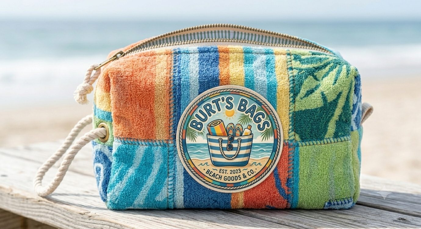 Zip pouch sewn from patchwork beach towels with a rope wrist strap and brass grommet