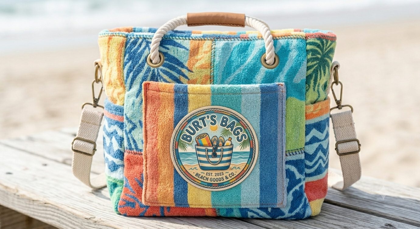 Patchwork towel tote with rope handles, a front pocket and a crossbody strap